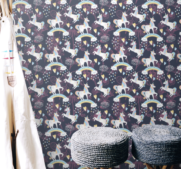 ροζ μονόκεροι floral μοτίβο παιδική ταπετσαρία - TenStickers