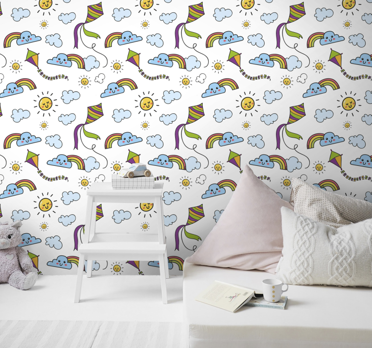 Ταπετσαρία για παιδιά ουράνιου τόξου, ήλιου και χαρταετού - TenStickers