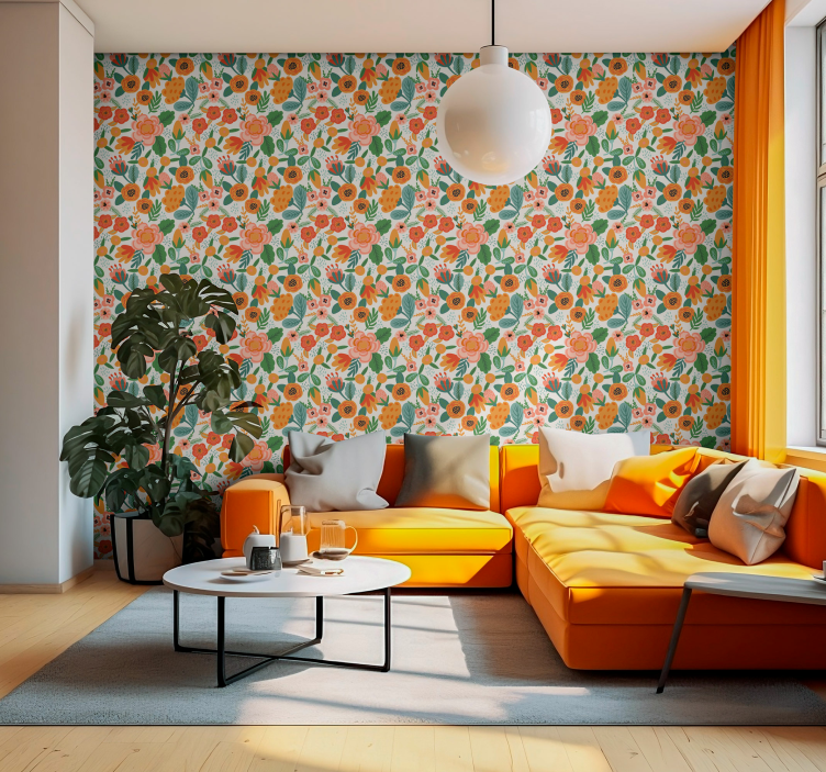 κόκκινη και πορτοκαλί λαϊκή ταπετσαρία λουλουδιών - TenStickers