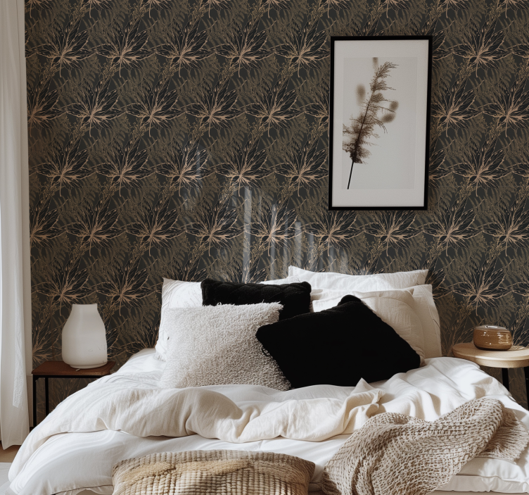 Μαύρο ταπετσαρία τοίχου μεγάλα χρυσά φύλλα - TenStickers
